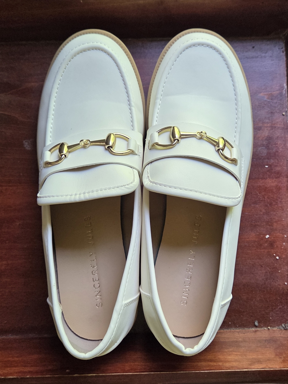 Sincerly Jules Cream Leather Loafers with Gold Horsebit